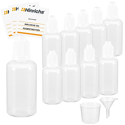 Hinrichs Botellas de Líquido de 10x50 ml para la Dosificación y el Almacenamiento Limpio de Líquidos - Tapón de Rosca con Bloqueo de Seguridad para Niños - Botes Cuentagotas