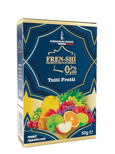 Frenshi - 50 G - Tutti Frutti (Banana, Melocoton, Frutas Acidas) - Cachimba Sabores (Sin hu.mo, Sin nico-tina) Sabor intenso, shisha ahumada densa. Bolsita de frescura. Fabricado en Francia