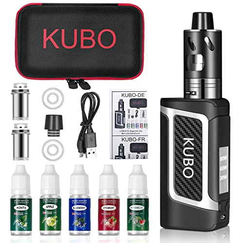KUBO Kit Cigarro electrónico y 5x10 ml E líquido sabor Arándano, Manzana y Sandía80W Mod con 0,5 Ohm/ 3 ml, Pantalla LED de vatio ajustable 0,0mg nicotina LZ80W - Negro, KUBOE