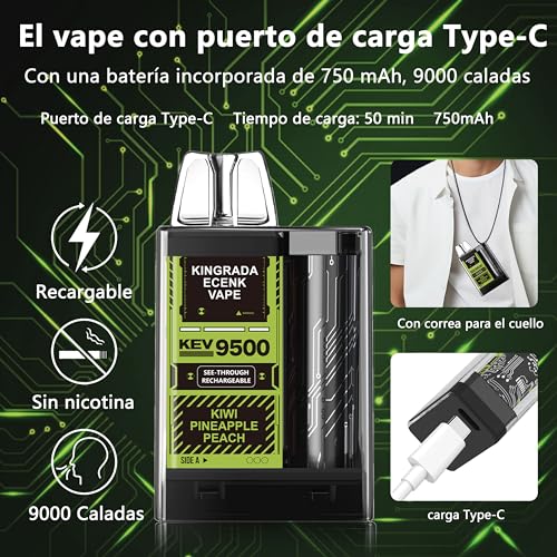Ecenk Vaper Sin Nicotina 6000 Caladas Pod desechable Vaper Cigarrillo Electrónico Recargable Desechables Vaper, 10 Sabores (Kiwi Piña Melocotón)