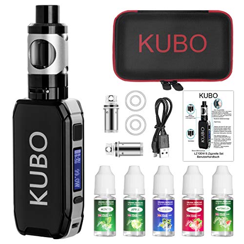 KUBO Kit Cigarrillo electrónico y 5x10ml E líquido 100W Mod con 0,5 Ohm/ 3ml Atomizador 2200 mAh Batería, Pantalla LED de vatio ajustable 0,0mg nicotina, LZ100W, Arándano, Manzana, Sandía, Negro